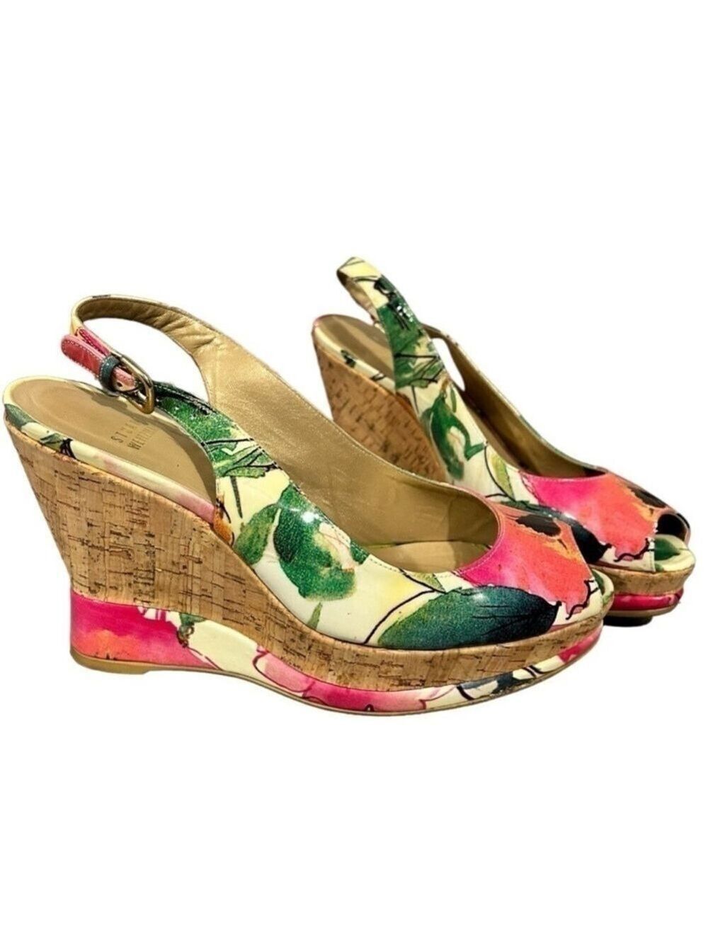 Stuart Weitzman Colorful Floral Peep Toe Wedges Cork Platform Slingback VGC 8.5 - Picture 2 of 12